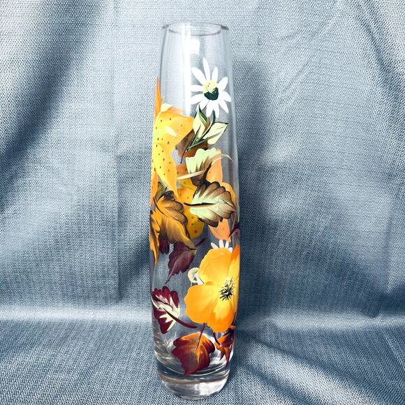 Hand painted Flower Art Glass Vase Fall Leaves Thanksgiving Halloween Home Decor - Picture 1 of 12